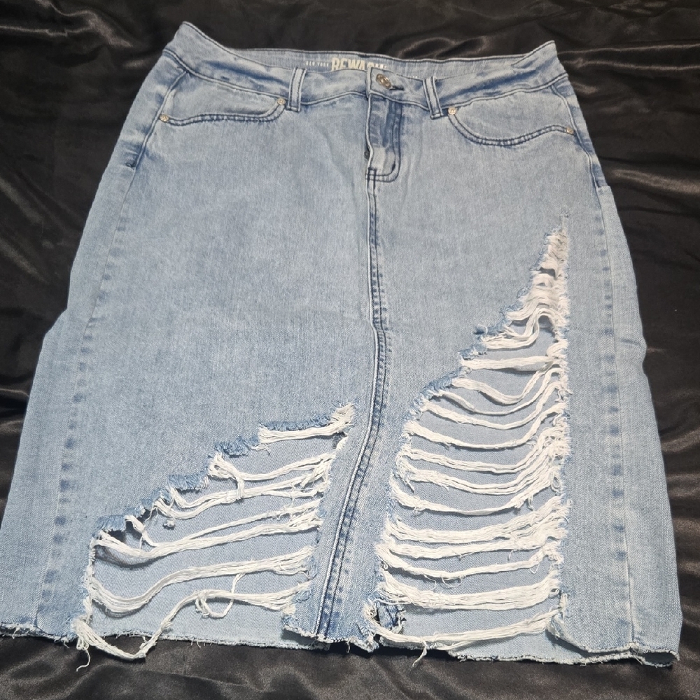 Rewash Light Blue Distressed Pencil Skirt